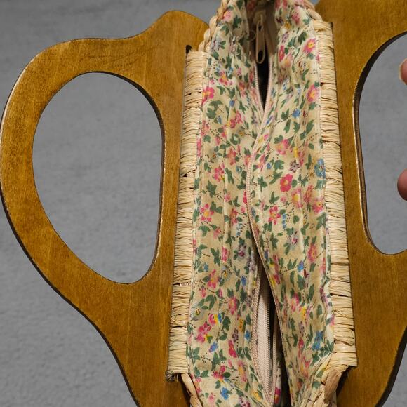 Vintage Cappelli Straw Handbag Wood Handles Floral Lined Woven Purse Cottagecore - Picture 6 of 11